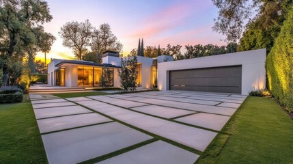 Poster - Modern house with driveway at dusk.