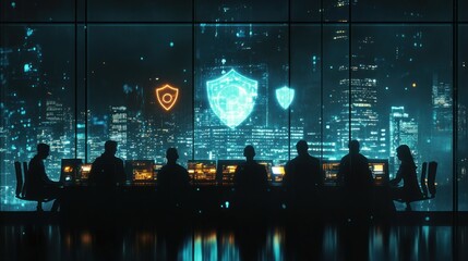 Aufkleber - Silhouetted group at table with glowing security icons and city view.