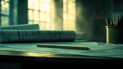 Aufkleber - Drafting table with plans, pencils.