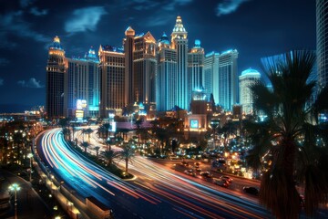 Poster - Las Vegas skyline at night with motion blurred lights and palm trees.