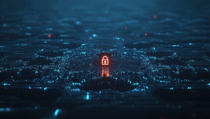 Poster - Glowing red padlock on a blue circuit board.