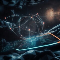 Poster - abstract dark colorful polygonal space background with connecting dots and lines connection structur