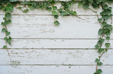 Poster - Green ivy crawls on aged white wooden planks.