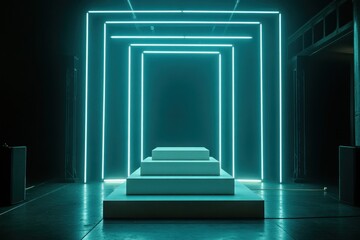 Aufkleber - Neon square portal platform in dark room.