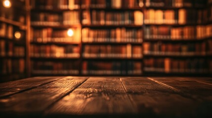 Poster - Blurred library, wooden table.