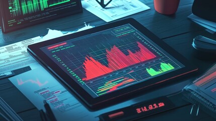 Poster - Tablet with data charts on desk, office setup.