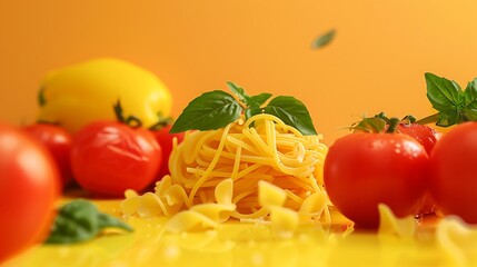 Wall Mural - A pile of pasta tasty yummy spicy with red tomatoes with leaves