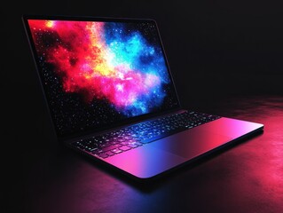 Aufkleber - Laptop displaying colorful nebula image on a dark surface.