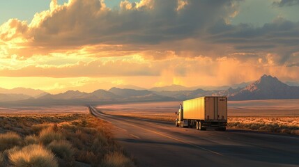 Aufkleber - Truck travels on a desert road during golden hour.