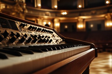 Poster - Organ keyboard closeup, concert hall blurred background.