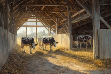 Poster - Painting of three cows in a rustic barn, warm sunlight.