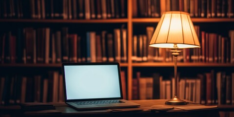 Poster - Lamp and laptop on desk in front of bookshelves, dark and warm.