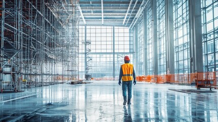 Aufkleber - Worker walks in large industrial building under construction.