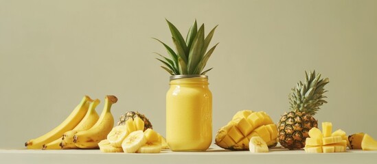 Poster - Still life of yellow smoothie, mango, pineapple, and banana.