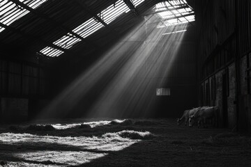 Poster - Interior of barn with light rays and cows.