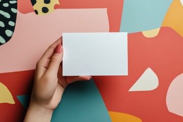 Aufkleber - Hand holding a blank white card, abstract colorful background.