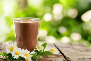 Poster - Chocolate drink in glass, daisies, wooden table, nature background.