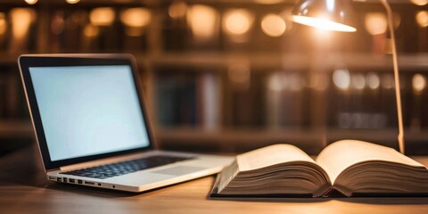 Poster - Open book and laptop under lamp, in library.