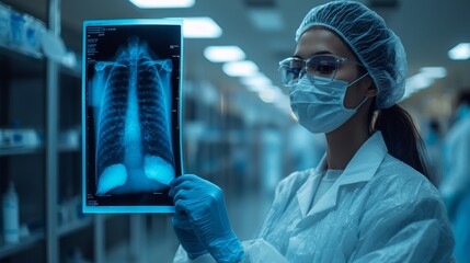 Aufkleber - A woman in a white lab coat holding a blue and white X-ray of a woman's chest