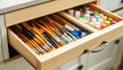 Aufkleber - Opened drawer holding painting brushes and paint bottles.