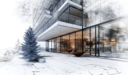 Poster - Building exterior sketch with glass, balcony, and pine tree.