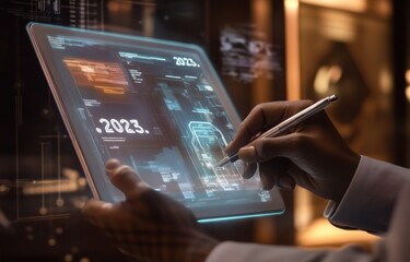 Poster - Hands use digital tablet with data interface.