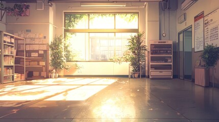 Aufkleber - Sunlit school interior with window, plants, shelves.