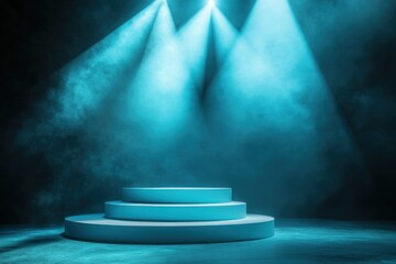 Poster - Three tier stage lit by beams in smoky atmosphere.