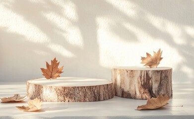 Poster - Two wood stumps with dried leaves on white surface and shadow.