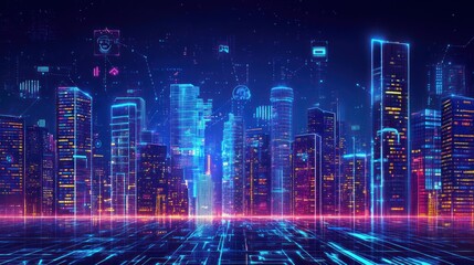 Aufkleber - Cityscape with glowing neon outlines on buildings with digital networks.
