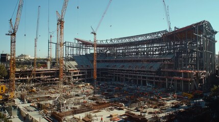 Aufkleber - Stadium construction site with multiple cranes and workers.