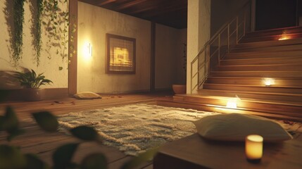 Poster - Warm, softly lit room with stairs and cushions, interior shot.