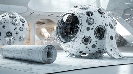 Poster - Spherical machines with blueprint in bright room.