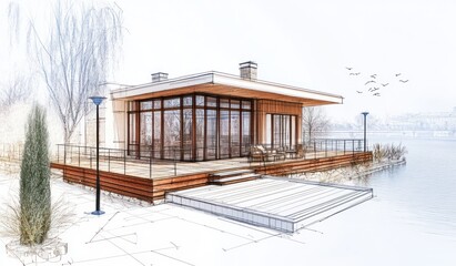 Poster - Modern house sketch with wood and glass, near water.