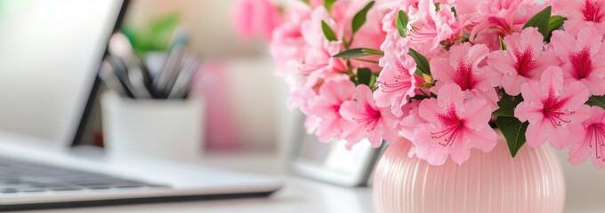 Poster - Pink flowers in vase near laptop on white desk.