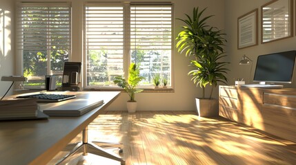 Poster - Bright office room, sunlit desk, blinds, potted plants.
