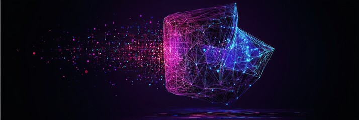 Poster - Abstract cube with data pixels, interconnected lines, and glowing colors.