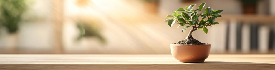 Potted bonsai on table, soft sunbeams.