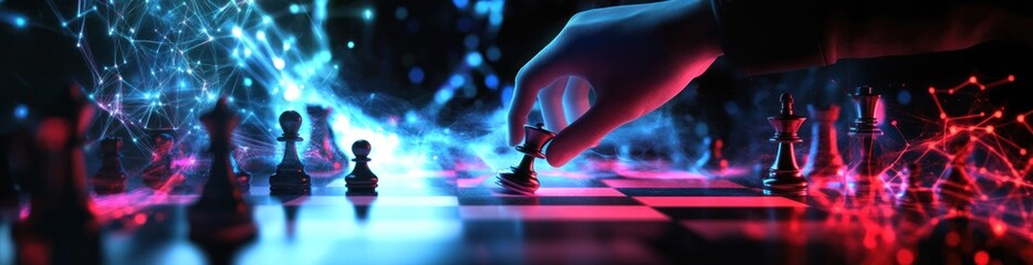 Poster - Hand moves pawn on digital chess board.