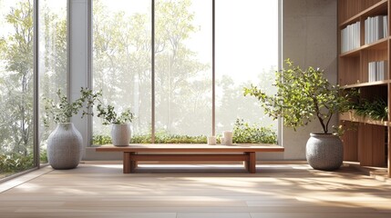 Poster - Bright room with plants, wood furniture and large windows.