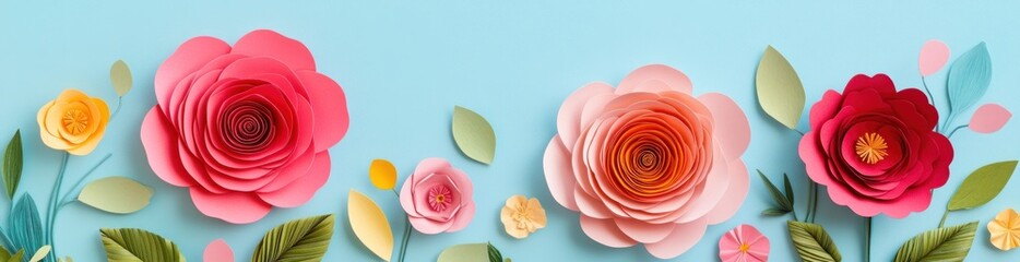 Poster - Paper flowers in pink, yellow, red with leaves on a blue background.