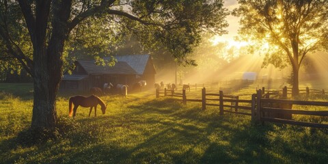 Poster - Rural scene horse grazing, barn, sunrise, and sun rays.
