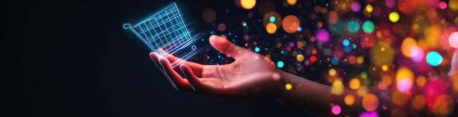 Aufkleber - Hand holding glowing shopping cart.