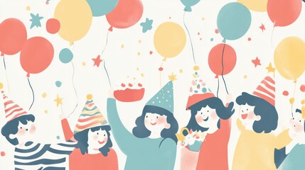Poster - Party illustration, people wearing hats holding cake and balloons.