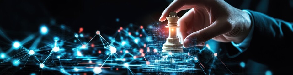 Poster - Hand moving chess queen over digital network.