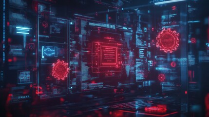 Fototapete - Digital data with red glowing icons on screens.