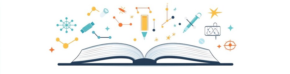 Aufkleber - Open book with science icons, illustration.