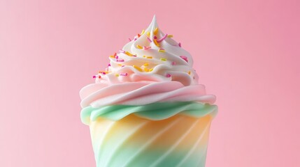 Aufkleber - Swirled pastel frosting cupcake with sprinkles against a pink background.