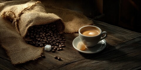 Aufkleber - Coffee beans in sack, cup of espresso, sugars on rustic wood.