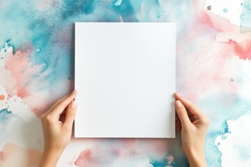 Leinwandbilder - Female hands hold white square card on watercolor background.